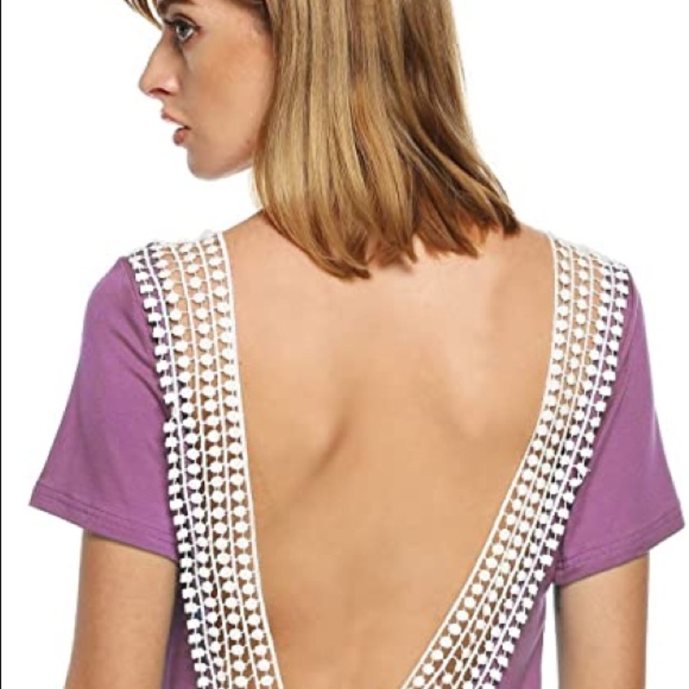 Purple Tunic Top Dress Blouse, White Lace Open Back, Soft, Short Sleeve, M New